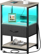 Seventable Nightstand with Charging Station, LED Bedside Table with Adjustable Fabric Drawer, Night Stand with Storage, 3-Tier Bed Side Table, End Table for Bedroom, Living Room, Greige - Grand Goldman