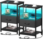 Seventable Nightstand with Charging Station, LED Bedside Table with Adjustable Fabric Drawer, Night Stand with Storage, 3-Tier Bed Side Table, End Table for Bedroom, Living Room, Greige - Grand Goldman