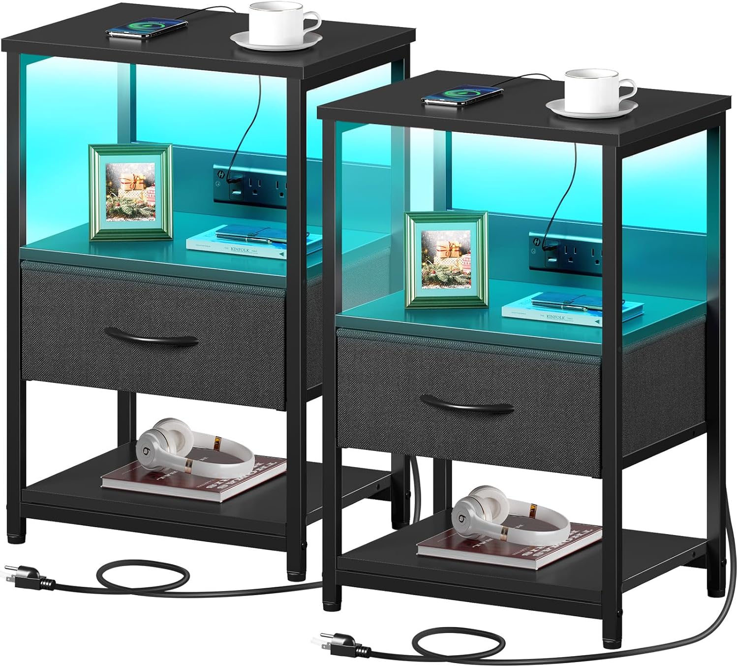 Seventable Nightstand with Charging Station, LED Bedside Table with Adjustable Fabric Drawer, Night Stand with Storage, 3-Tier Bed Side Table, End Table for Bedroom, Living Room, Greige - Grand Goldman