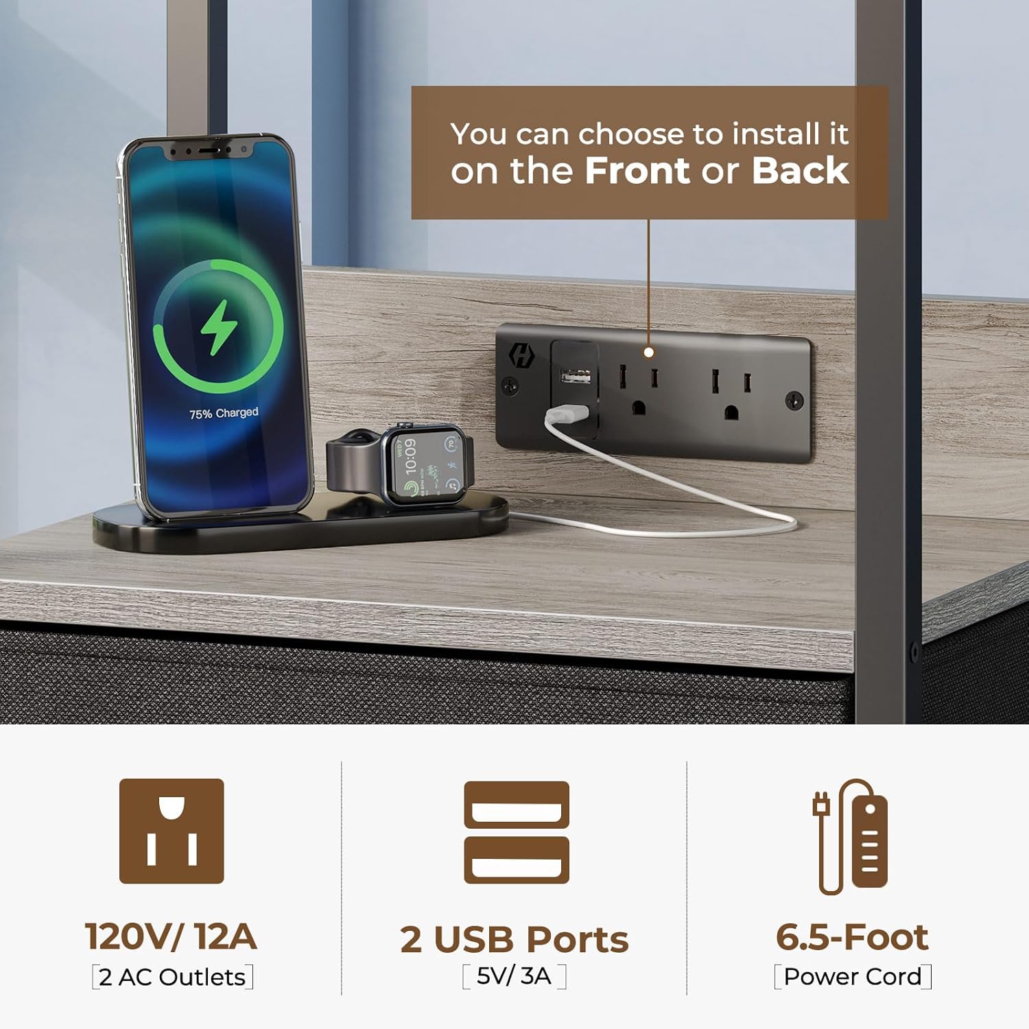 Seventable Nightstand with Charging Station, LED Bedside Table with Adjustable Fabric Drawer, Night Stand with Storage, 3-Tier Bed Side Table, End Table for Bedroom, Living Room, Greige - Grand Goldman