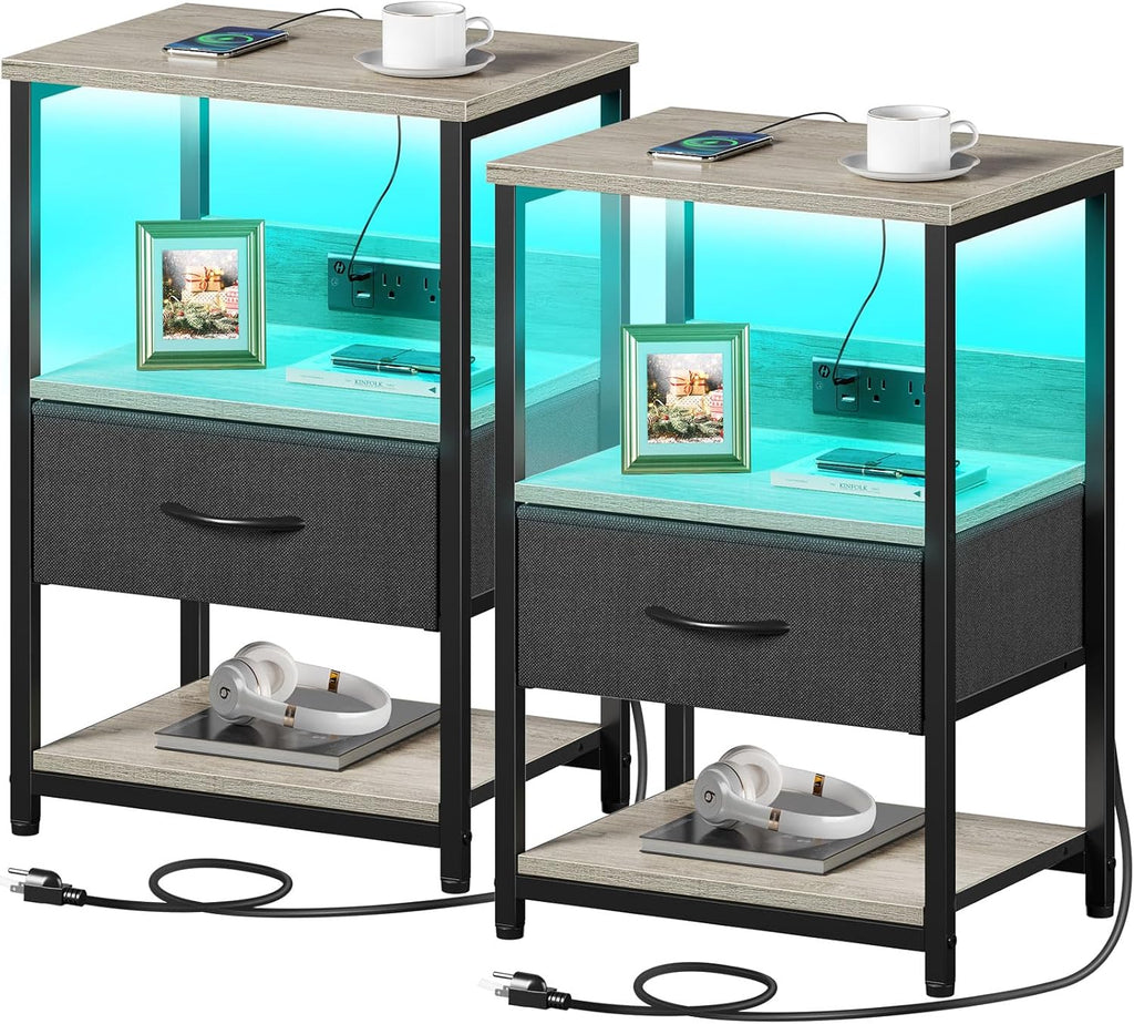 Seventable Nightstand with Charging Station, LED Bedside Table with Adjustable Fabric Drawer, Night Stand with Storage, 3-Tier Bed Side Table, End Table for Bedroom, Living Room, Greige - Grand Goldman