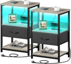 Seventable Nightstand with Charging Station, LED Bedside Table with Adjustable Fabric Drawer, Night Stand with Storage, 3-Tier Bed Side Table, End Table for Bedroom, Living Room, Greige - Grand Goldman