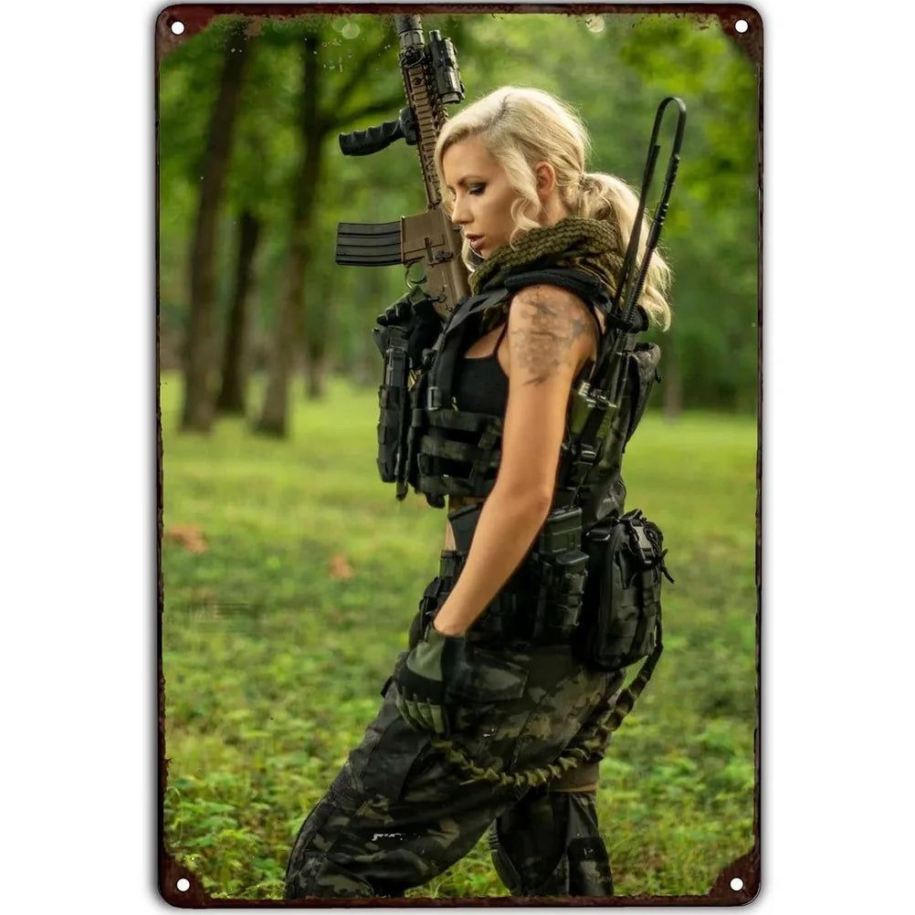 Sexy Army PinUp Girl With Guns Vintage Metal Tin Signs Military Hot Woman Wall Decor For Home Bar Pub Garage Coffee Man Cave - Grand Goldman