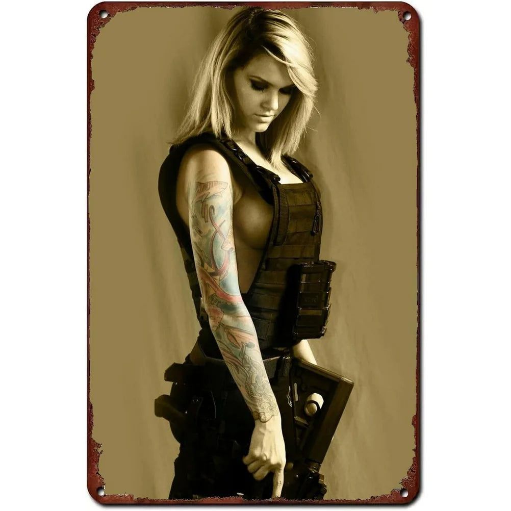 Sexy Army PinUp Girl With Guns Vintage Metal Tin Signs Military Hot Woman Wall Decor For Home Bar Pub Garage Coffee Man Cave - Grand Goldman