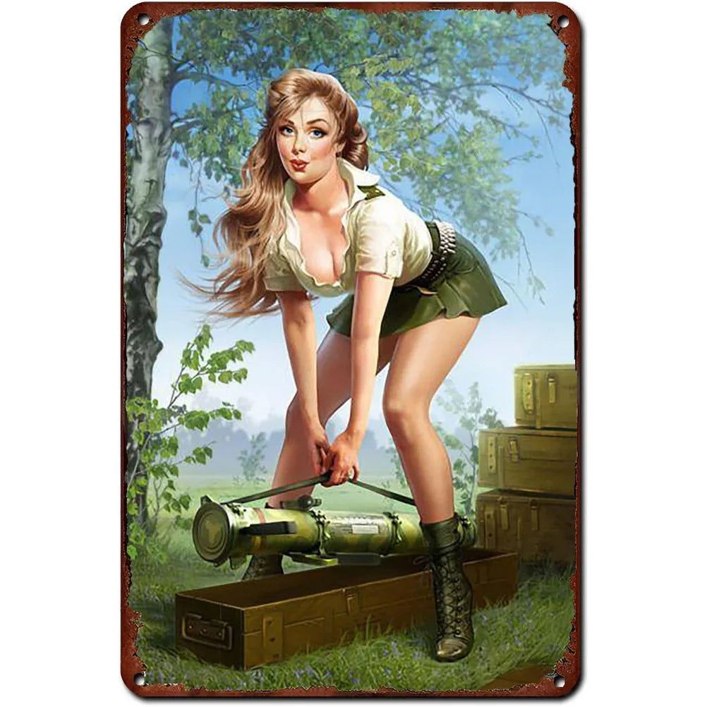 Sexy Army PinUp Girl With Guns Vintage Metal Tin Signs Military Hot Woman Wall Decor For Home Bar Pub Garage Coffee Man Cave - Grand Goldman