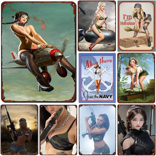 Sexy Army PinUp Girl With Guns Vintage Metal Tin Signs Military Hot Woman Wall Decor For Home Bar Pub Garage Coffee Man Cave - Grand Goldman