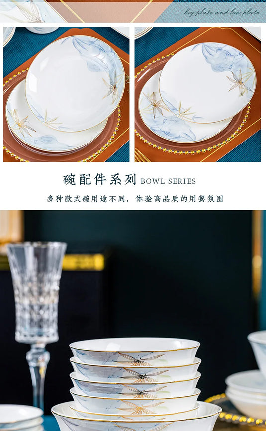 Jingdezhen Bowl and Chopstick Combination, New Chinese Light Luxury Ceramic Tableware Bowl and Plate Set