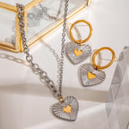 Colar e Brincos Femininos de Coração de Amor com Costura Dourada, Cor Prata e Dourada, em Aço Inoxidável Banhado a Ouro 18k, Anti-alérgicos