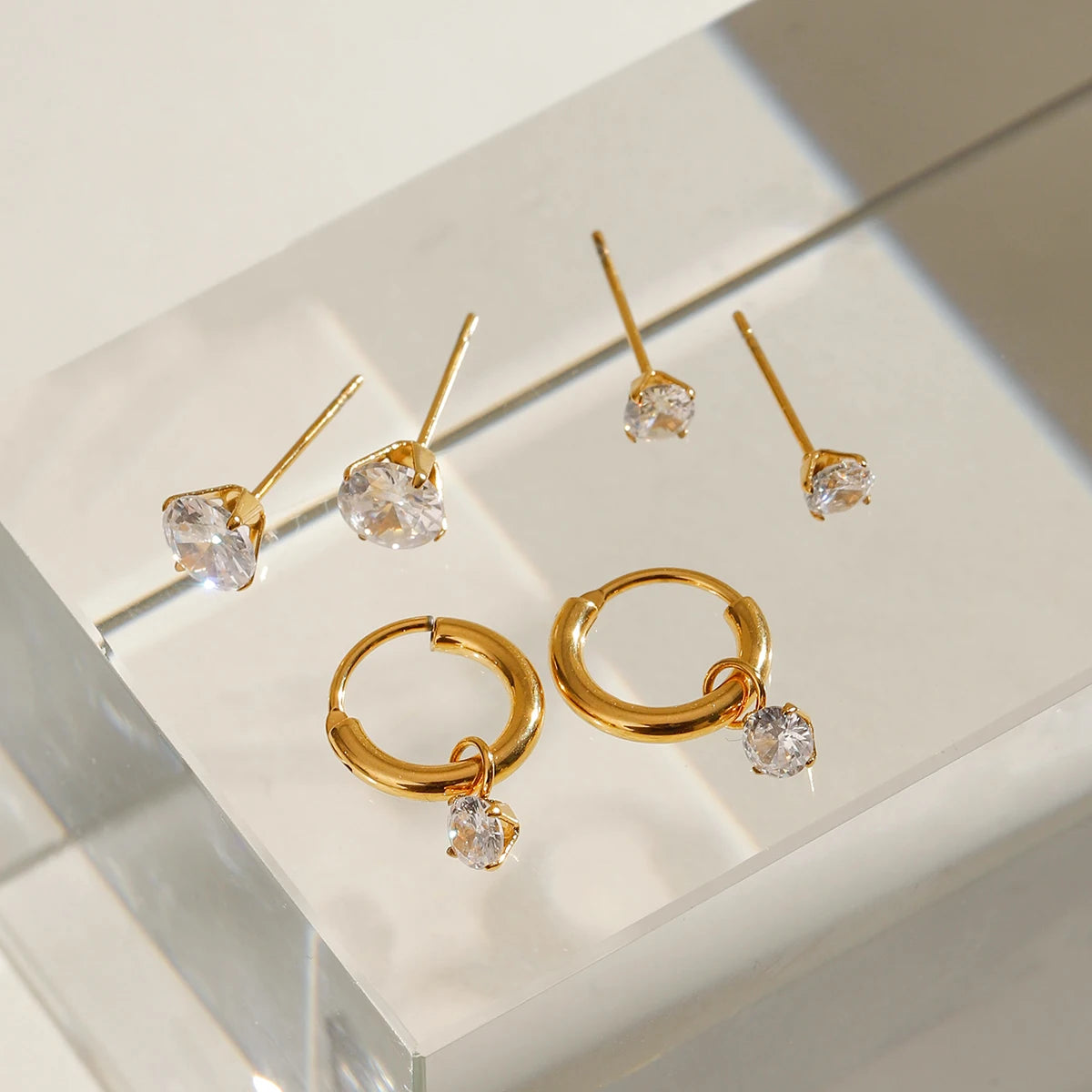 3 Pairs Per Card Stainless Steel White Zircon With Plain Circle Hoop Earrings 18K PVD Plated Anti Allergic Rust Proof Jewelry