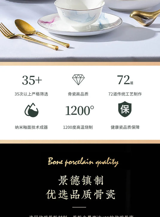 Jingdezhen Ceramic Bowl and Dish Set, Bone Porcelain Bowl and Chopstick Household Tableware Set