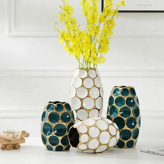 Luxurious Ceramic Vase for Dried Flower Pot Modern Wobble Plate Amphora Elegant Home Decorations Golden Convex Patterned Urn Refined Tabletop Vase for Living Room and Entrance Premium European Style Blossom Perfect Gift for Special Occasions