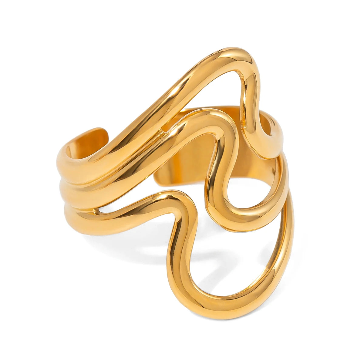 18K PVD-beschichteter Vintage-Mode Minimalistischer Wellenförmiger Unregelmäßiger Offener Ring aus Edelstahl für Frauen Allergieprävention Stilvoller Schmuck