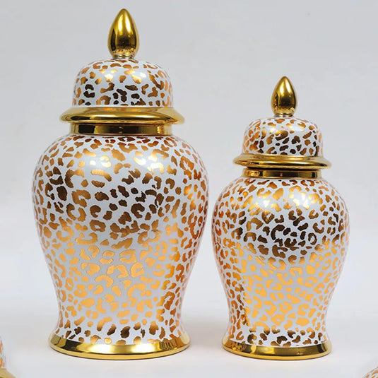 Ceramic Checkmate Jar Golden Leopard Print Porcelain Ginger Jar Flower Vase Vintage Bottle Storage Tank Home Decoration