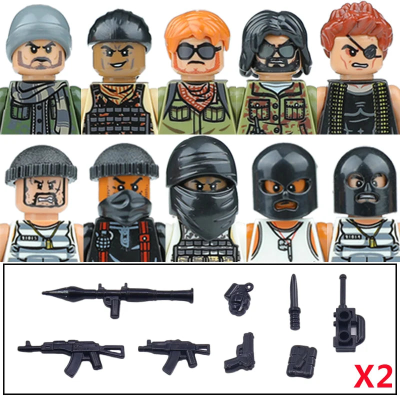 City Accessories MOC Villain Gangster Figures Building Block Modern Soldier Mask Helmet Guns Bazooka Military Weapon Bricks Toys