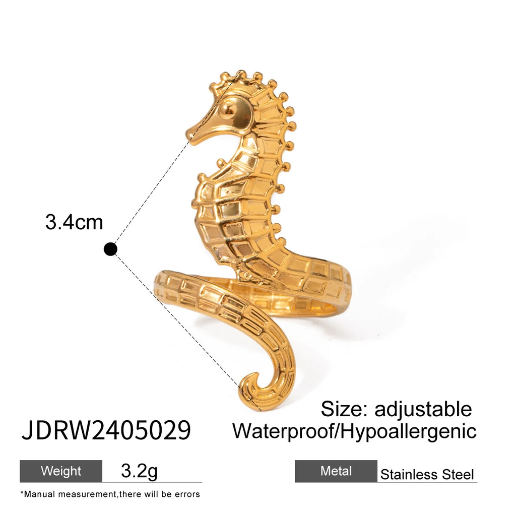 Trendy 18k Stainless Steel Seahorse Shape Ring Necklace Earrings Women Statement Charm Texture Rust Proof Trendy Jewelry Gift