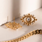 ステンレススチール防水ライトラグジュアリー18Kゴールドメッキ悪魔の目スタッドピアス 天然石インレイ レディースイヤージュエリー