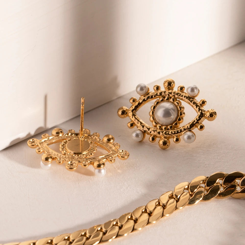 Roestvrij Staal Waterdicht Licht Luxe 18K Goud Vergulde Duivels Oog Oorknopjes Ingelegd Natuurlijke Steen Voor Dames Oor Sieraden