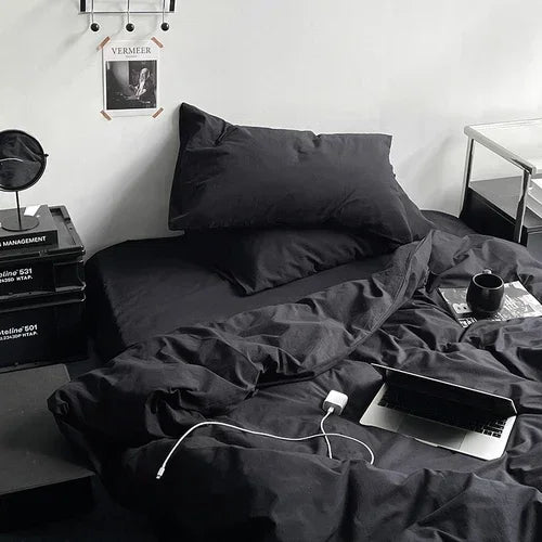 Hot Sale Washed Cotton Black Comforter Bedding Sets Soft Skin-friendly Black Duvet Cover Sets Bedroom Bed Cover Set