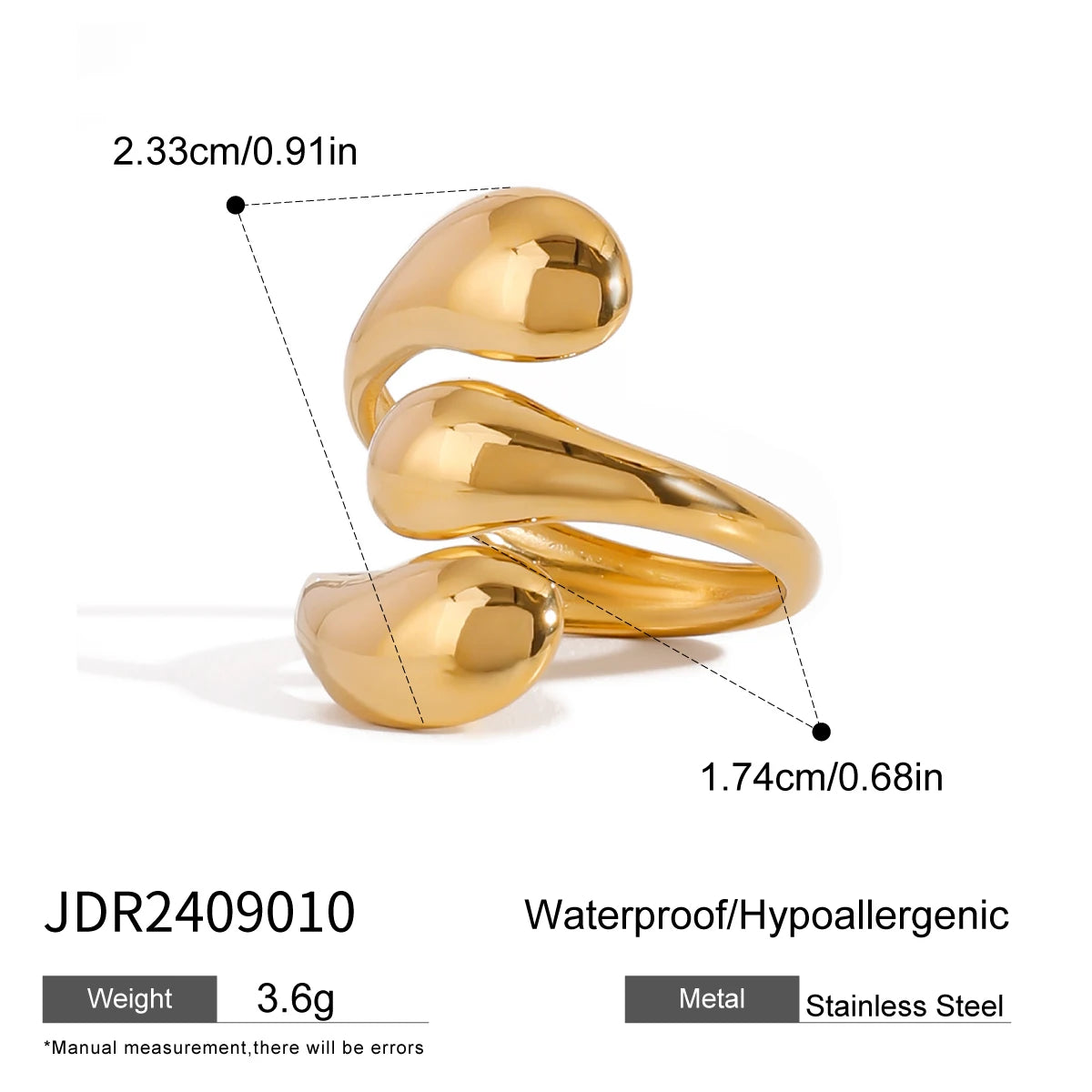 Stainless Steel Irregular Droplet Shaped Open Ring 18K PVD Plated Women Anti Allergic Rust Proof Stylish Jewelry