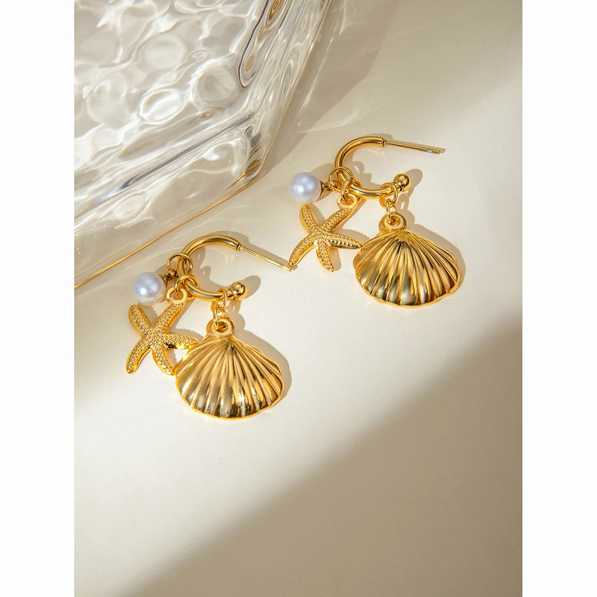Summer 18K Gold Plated Sea Ocean Series Vintage Gold Starfish Shell Earrings Stainless Steel Statement Waterproof Jewelry