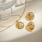 18K Gold Plated Round Convexity Thread Pendant Collar Earring Set Metal Texture Stainless Steel Delicate Charm Stylish Jewelry