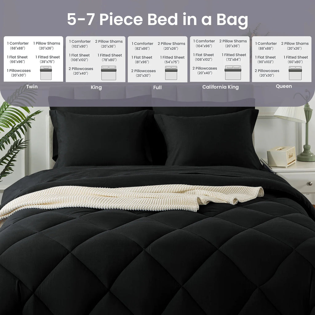 Ensemble de literie 5-7 pièces, ensembles de literie avec couette légère matelassée douce toutes saisons, drap plat, drap-housse lavable en machine