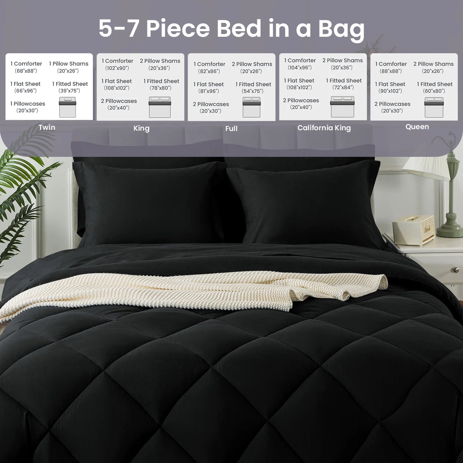 Ensemble de literie 5-7 pièces, ensembles de literie avec couette légère matelassée douce toutes saisons, drap plat, drap-housse lavable en machine