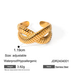 Anel Feminino de Aço Inoxidável com Design Cruzado Atraente, Abertura Rosqueada, Revestido em PVD 18K à Prova d'Água