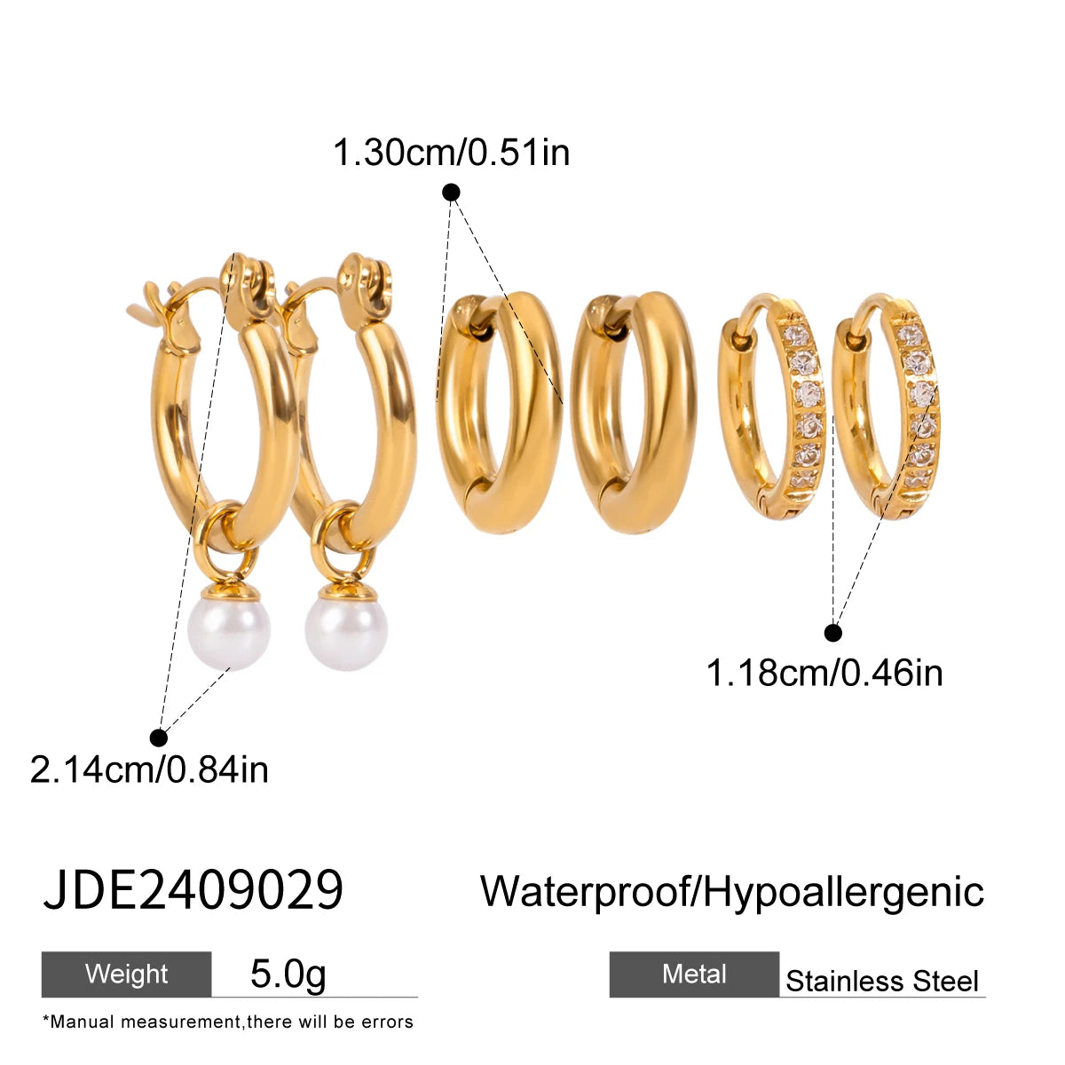 3 Paare pro Karte Edelstahl weiße Strass-Perlen-Ohrringe für Damen 18K PVD-beschichtet, antiallergisch, rostfrei Schmuck