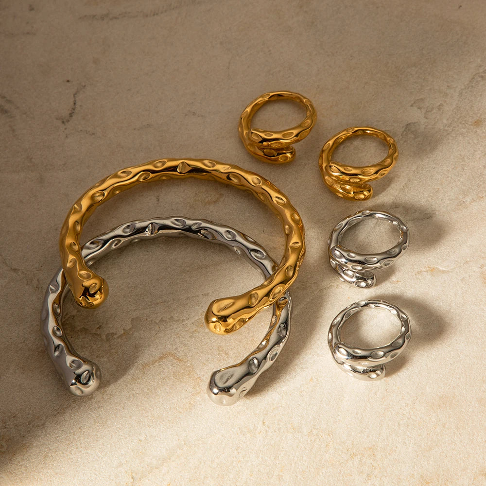 Asymmetry Sensuous Contemporary Statement Opening Ring Contours Bangle or Cuff Shape And Form Set Waterproof Jewelry Women