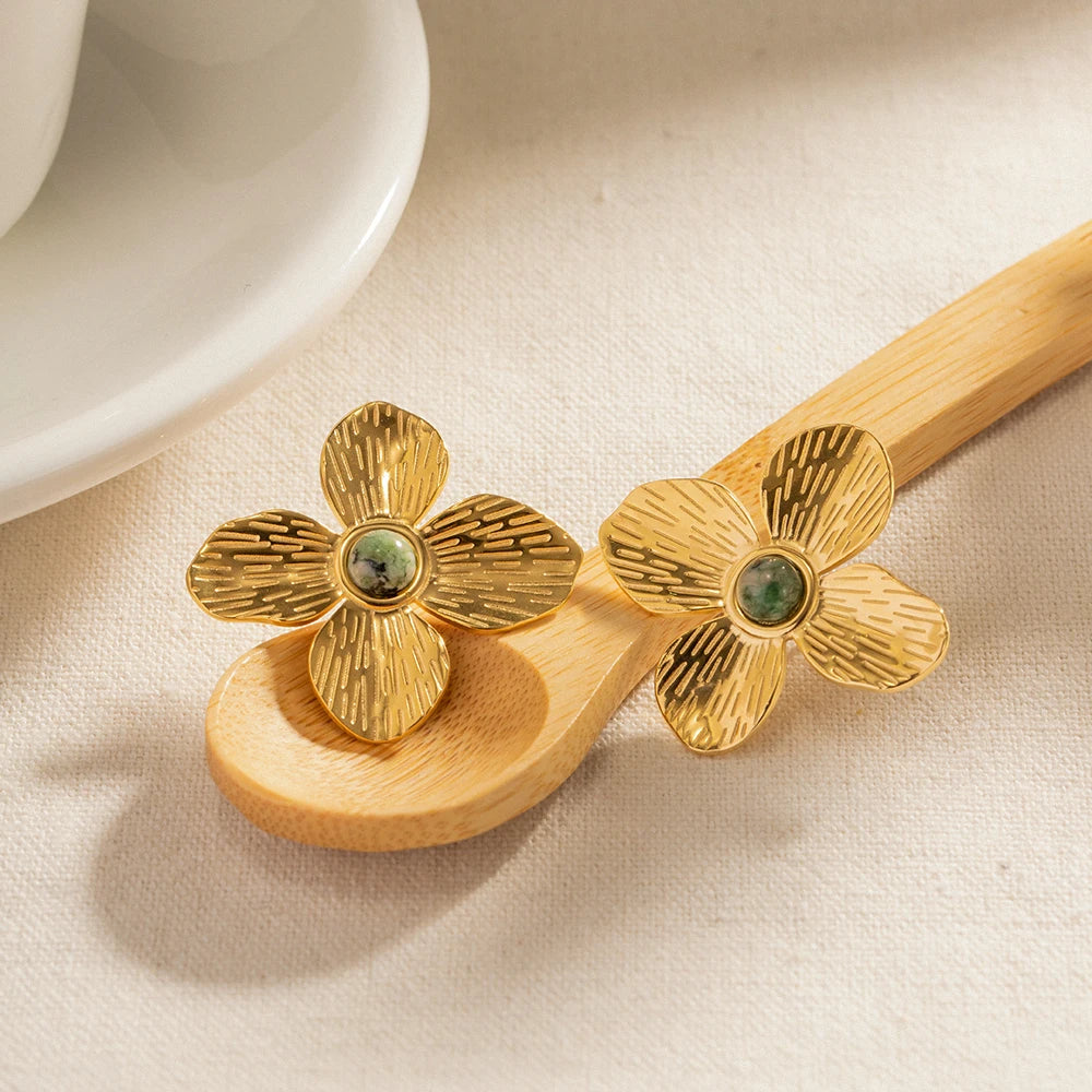 Vintage blomst indlagt natursten ørestikker til kvinder Vandtæt rustfrit stål smykker feriegave