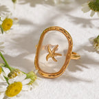 Oval Starfish 18K Gold Plated Stainless Steel Hammer Pattern Ocean Wind Open Ring Women Anti Allergic Charm Daily Jewelry