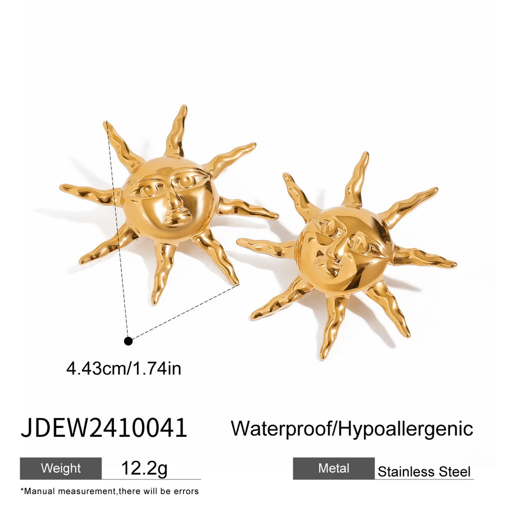 18K Stainless Steel Stylish Vintage Hammer Pattern Smiling Sun Earrings Women Trendy Charm Metal Chic Statement Jewelry