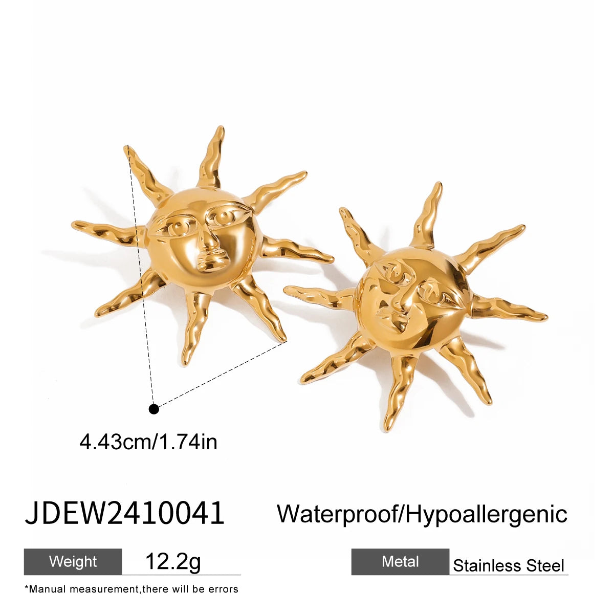 18K Stainless Steel Stylish Vintage Hammer Pattern Smiling Sun Earrings Women Trendy Charm Metal Chic Statement Jewelry