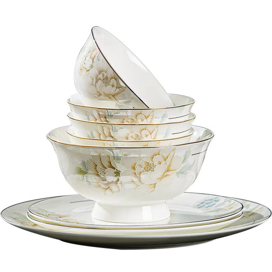 Jingdezhen Bone Porcelain Bowl and Dish Set, Light Luxury Ceramic Tableware Bowl and Chopstick Set