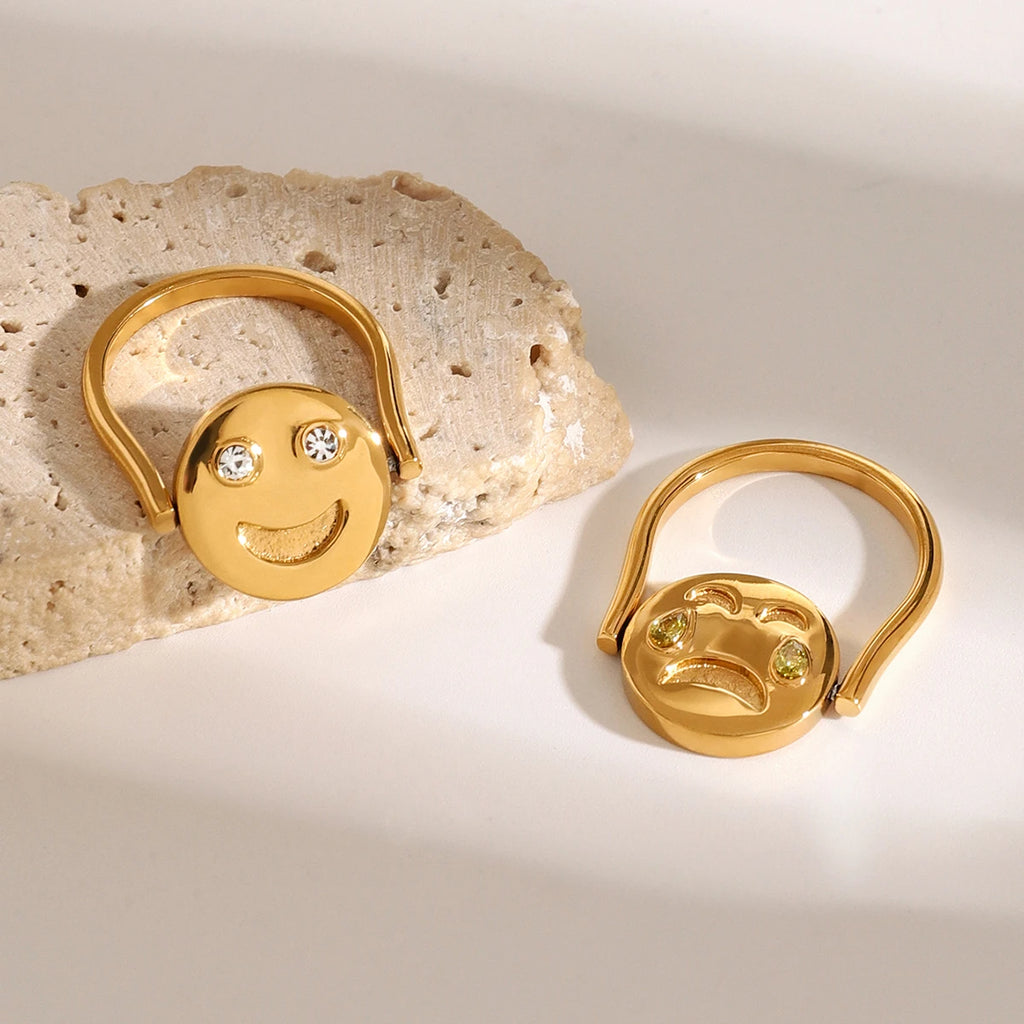 Anillo minimalista reversible redondo con cara sonriente, ligero, acogedor, de acero inoxidable 18k, tamaño 7 para mujer, joyería atractiva e impermeable