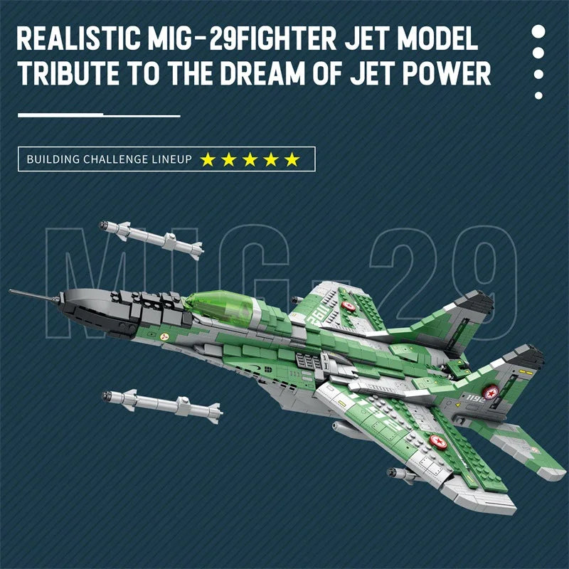 1290PCS MIG-29 Jet Fighter Building Blocks Diy Military Fighter Model Assembly Bricks Desktop Decoration Holiday Gifts Kids Toys