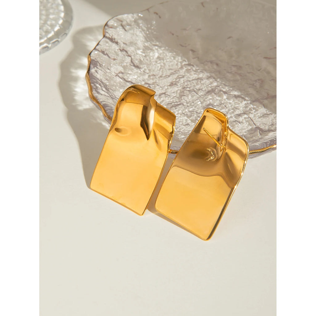 18K Gold Plated Anti Allergic Stainless Steel Long Convex Square Glossy Earrings Charm Daily Exquisite Jewelry Bijoux Femme