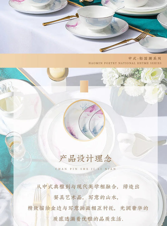 Jingdezhen Ceramic Bowl and Dish Set, Bone Porcelain Bowl and Chopstick Household Tableware Set