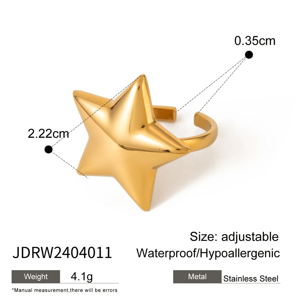 18K PVD Plated Light Cozy Stainless Steel Geometric Smooth Convex Pentagram Open Ring Trendy Women Premium Statement Jewelry