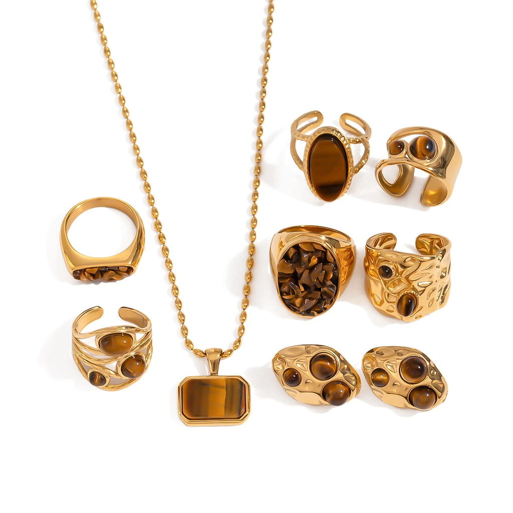 18k Gold Plated Stainless Steel Inlaid Natural Stone Tigereye Earrings Necklace Series Bijoux Femme Waterproof Jewelry