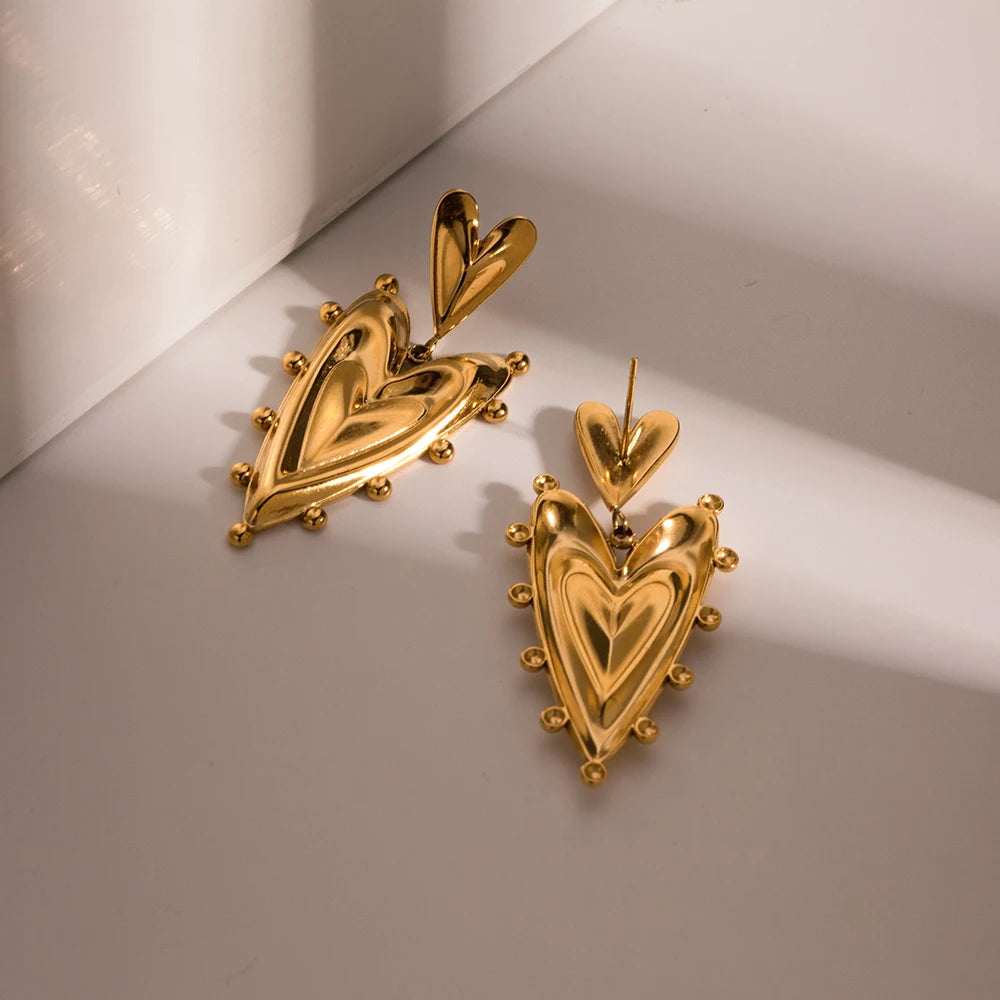 Dobbelt semi-3D spidsformet rustfrit stål 18K forgyldt stud vedhæng øreringe lette luksus anløbningssikre smykker