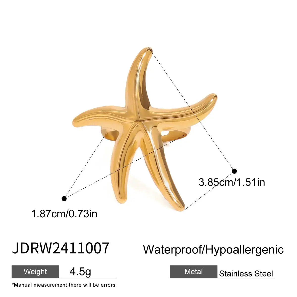 Zora Waterproof Stainless Steel Big Starfish Stud Earrings Hypoallergenic Waterproof Daily Boho Vacation Beach Jewelry