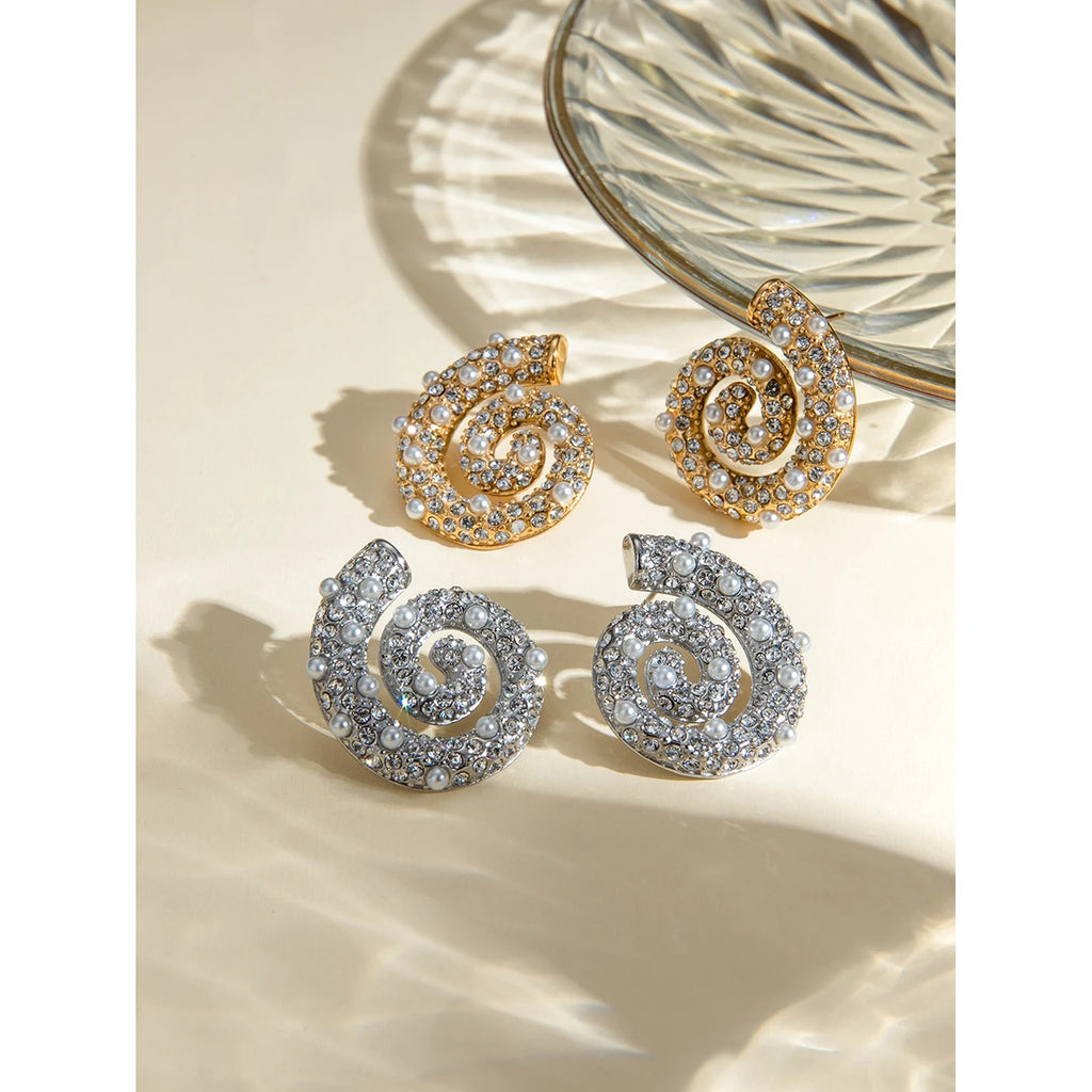 18K vergoldete exquisite Imitationsperlen geometrische Edelstahl-Ohrringe mit Gewinde und eingelegten Strasssteinen, Charmschmuck für Damen