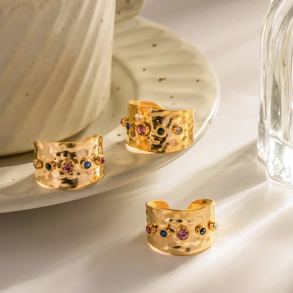 Kleurrijke kubieke zirkonia CZ steen kristal brede band sieraden vrouwen roestvrij staal waterdicht 18K goud vergulde statement ringen