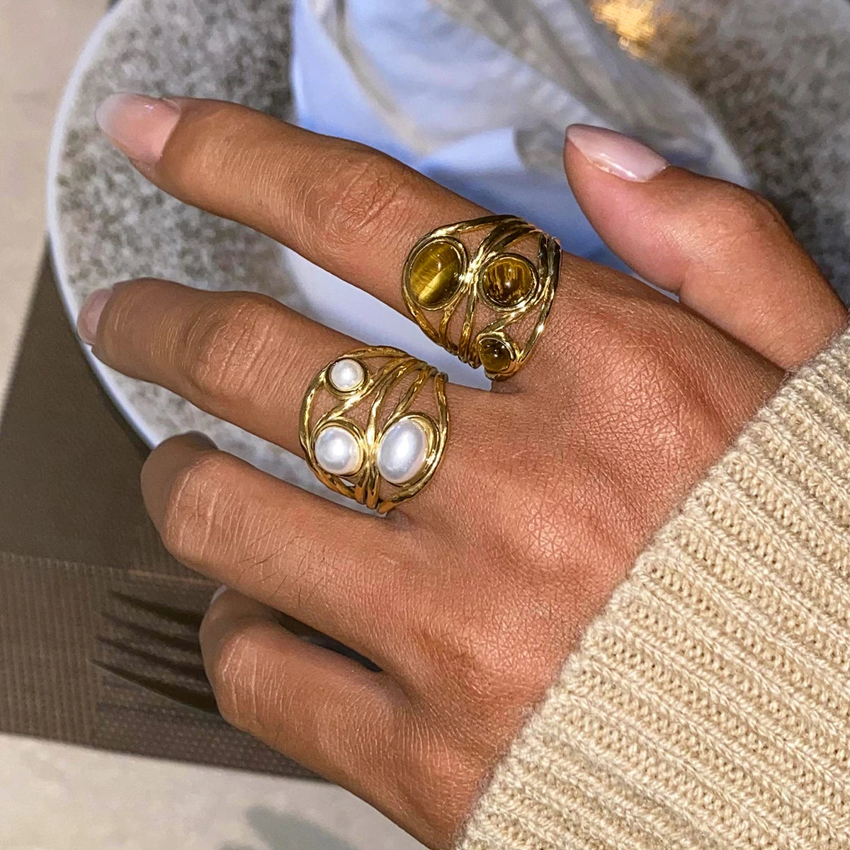 Минималистичное кольцо с круглым камнем тигровый глаз из водонепроницаемой нержавеющей стали 18K, женское, с разрезом, антиаллергическое, элегантное, с шармом ювелирное изделие