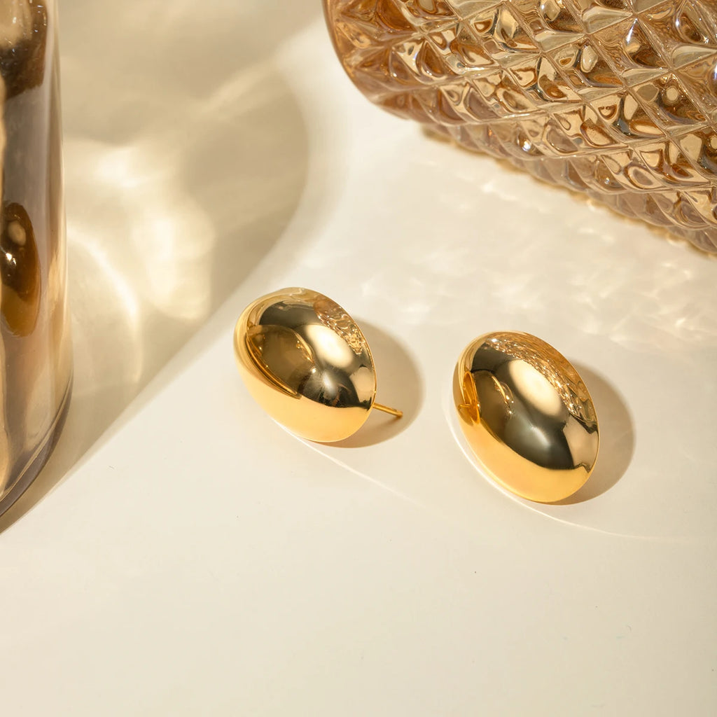 18K Altın Kaplama Düz Oval Küpeler Paslanmaz Çelik Parlak Metal Su Geçirmez Moda Altın Renkli Charm Sevimli Takı Bijoux