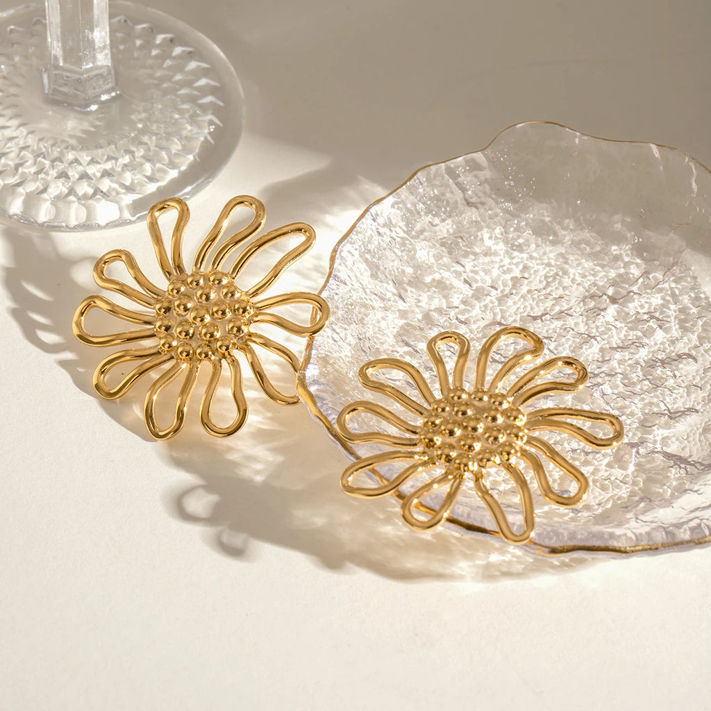 18K Goud Vergulde Fijne Hamerkorrel Holle Bloem Oorbellen Open Ring Dames Roestvrij Staal Minimalistische Charme Sieraden