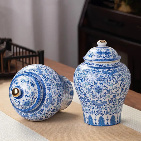 Blue and White Porcelain Ceramic Tea Pot General Can Moisture-proof Sealed Storage Tank Tea Container Box Organizer Canister