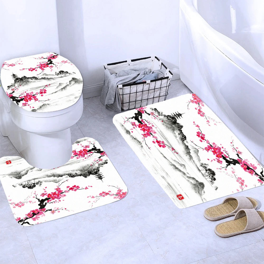 Chinese style Flowers and Birds Waterproof Shower Curtain Set Toilet Seat Cover Bath Non-Slip Mat Rug Carpet Bathroom Decor